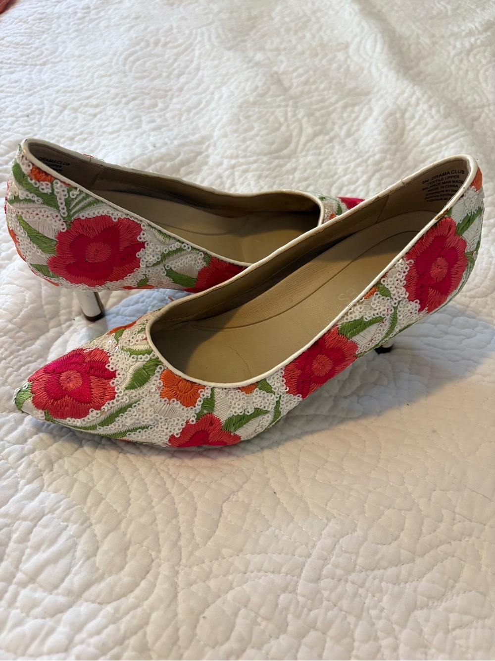 Floral Sequin & Embroidered Pointed Toe Kitten Heel - White with Pink & Green